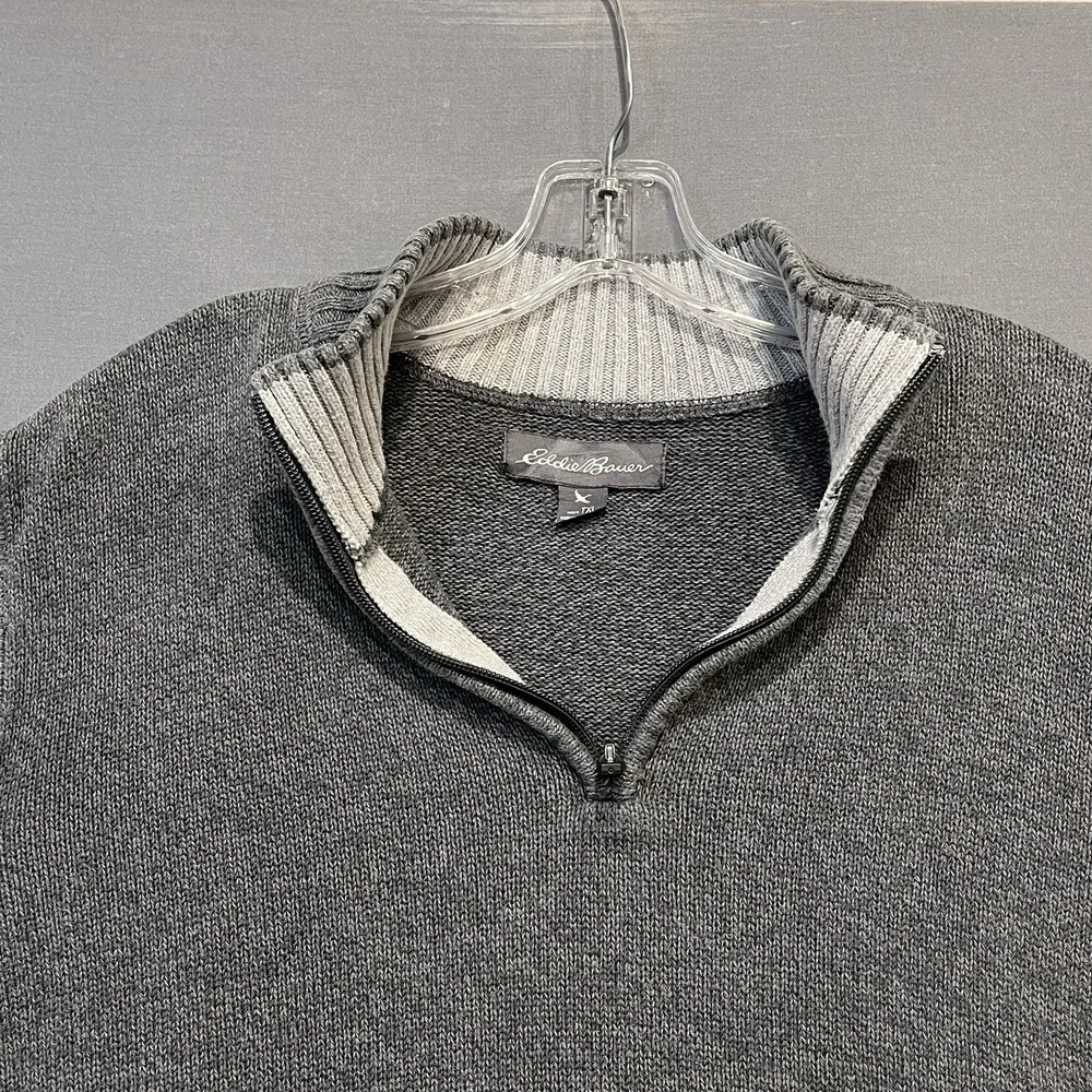 Eddie Bauer Quarter Zip Sweater Mens TXL Gray Cotton Ribbed Mock Neck Knit